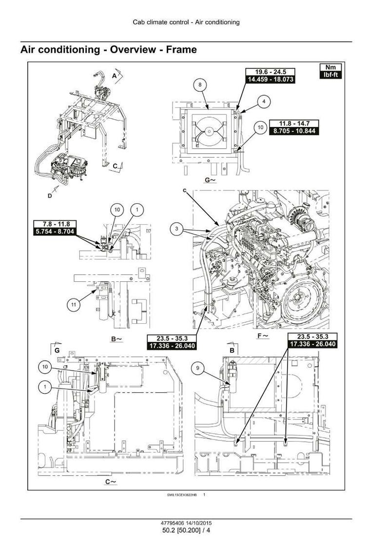 May include: Diagram of an air conditioning system, labeled "Air conditioning - Overview - Frame." The diagram includes various components with measurements in Nm and lbf-ft. The image is a technical illustration with detailed mechanical parts.