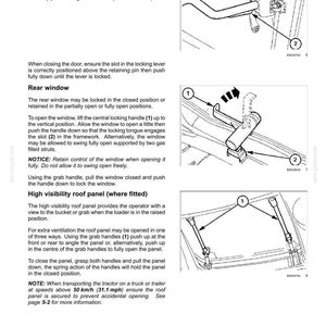 May include: A technical manual page titled 3-CONTROLS AND INSTRUMENTS featuring black and white line drawings of vehicle components. It includes diagrams for an interior door handle, a rear window mechanism, and a high visibility roof panel.