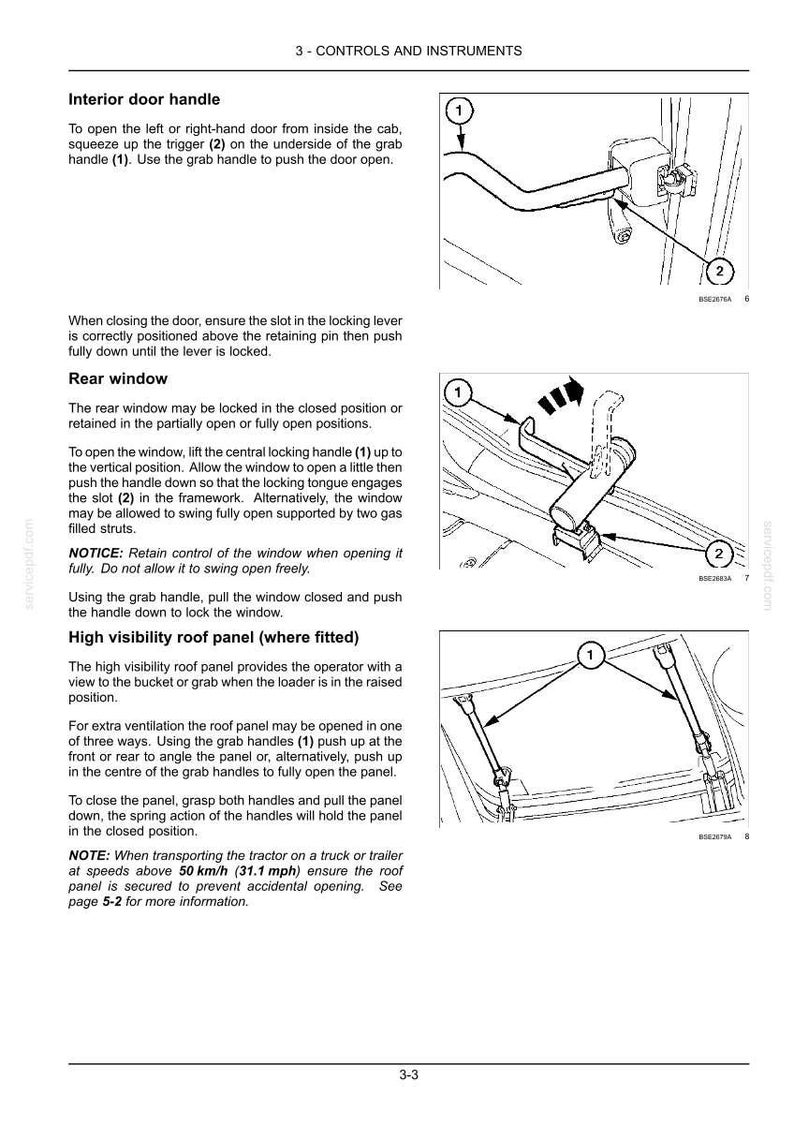 May include: A technical manual page titled 3-CONTROLS AND INSTRUMENTS featuring black and white line drawings of vehicle components. It includes diagrams for an interior door handle, a rear window mechanism, and a high visibility roof panel.