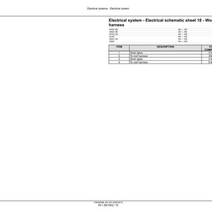May include: A white schematic sheet with the title "Electrical system - Electrical schematic sheet 18 - Work lights jumper harness." The sheet includes a table with item descriptions and component codes.