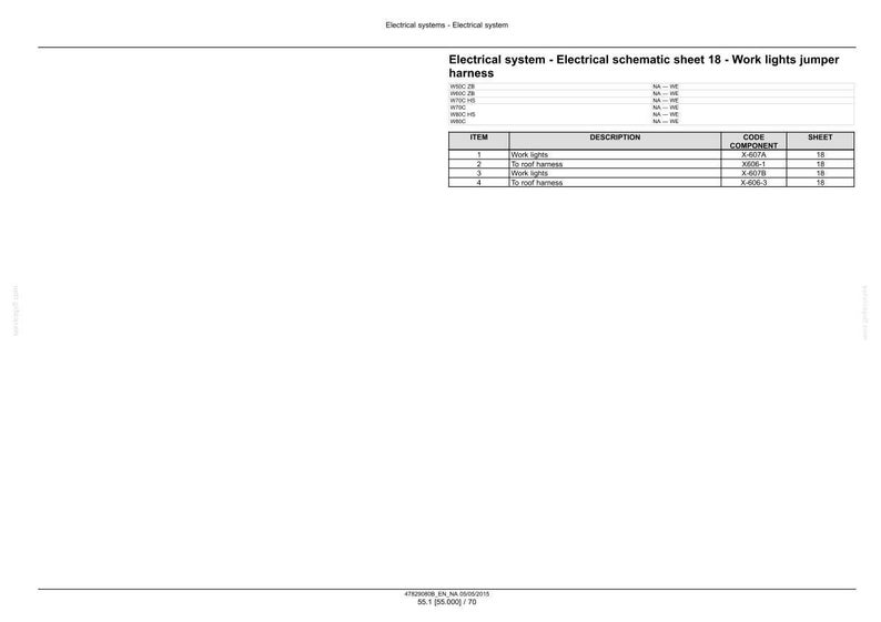 May include: A white schematic sheet with the title "Electrical system - Electrical schematic sheet 18 - Work lights jumper harness." The sheet includes a table with item descriptions and component codes.