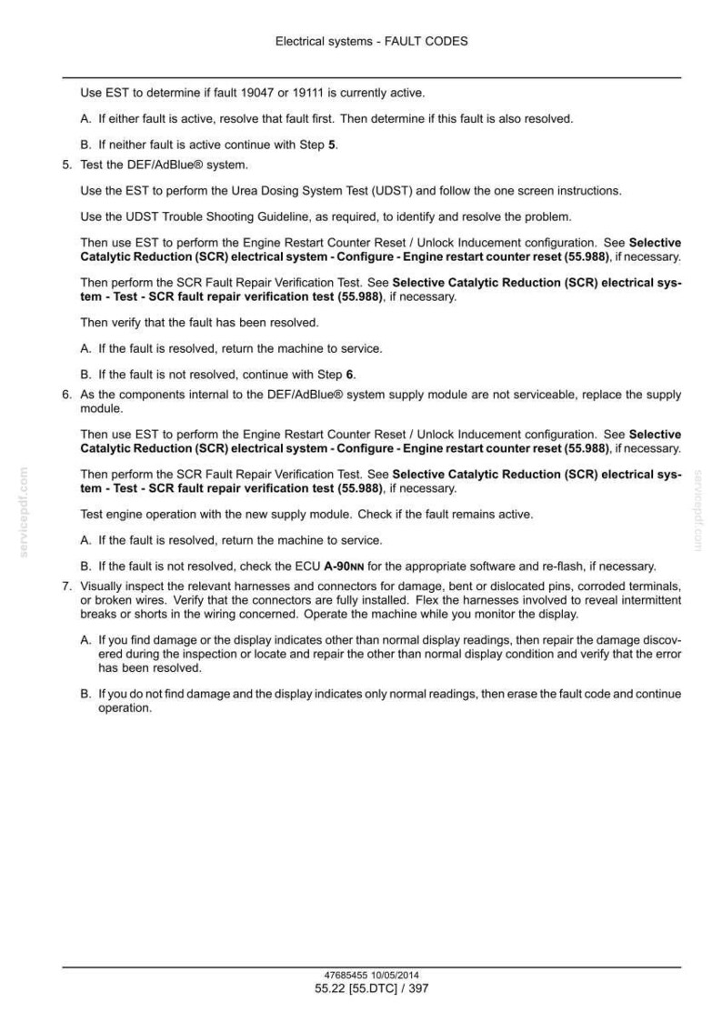 May include: A document titled "Electrical systems - FAULT CODES" with troubleshooting steps for faults 19047 and 19111. Instructions include testing the DEF/AdBlue system, engine restart, and SCR electrical system.