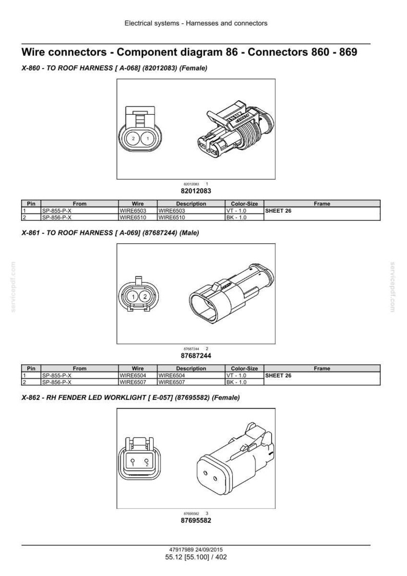 May include: Diagram of wire connectors, component diagram 86, connectors 860-869. Includes diagrams for X-860, X-861, and X-862. The diagrams show the female and male connectors with pin, wire, and color-size information. The text includes the numbers 82012083, 87687244, and 87695582.