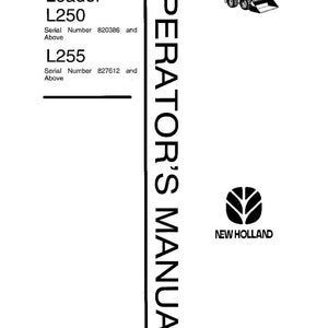 May include: A white New Holland operator's manual for Skid-Steer Loader models L250 and L255. The cover features black text, a small illustration of a skid-steer loader, the New Holland logo, the document number 42025022, and the date 11/95.