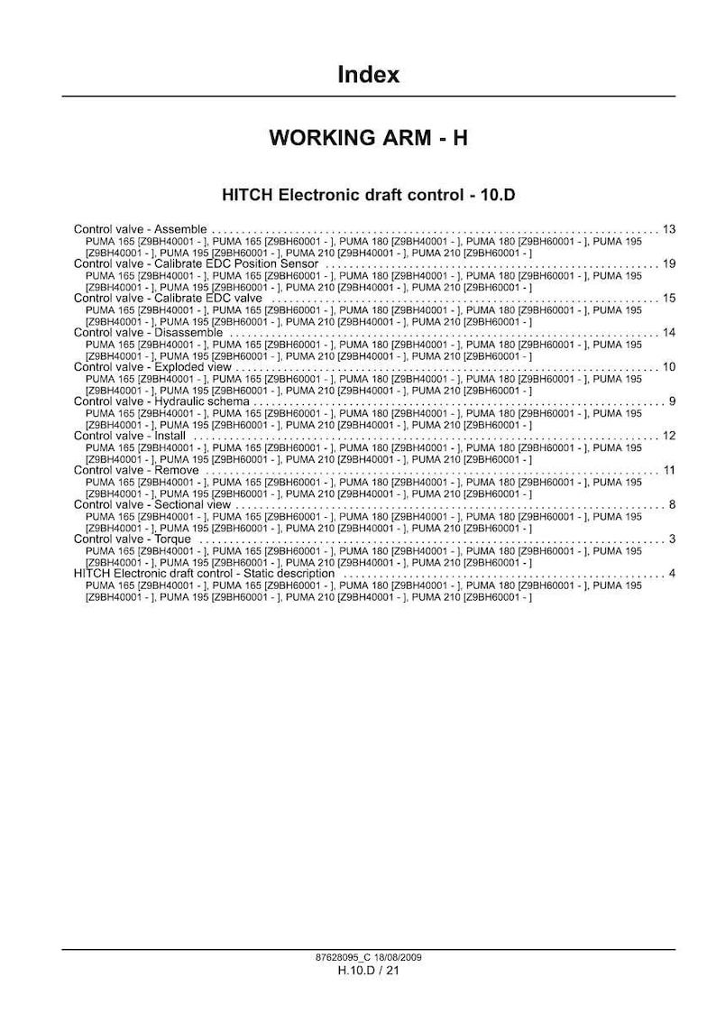 May include: A detailed index page from a manual, titled "Index" and "WORKING ARM - H." The page lists various control valve functions, including assembly, calibration, and removal, with associated part numbers.