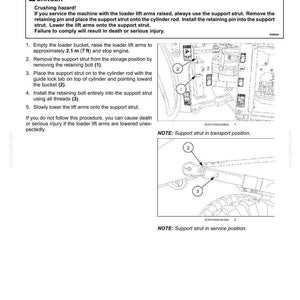 May include: Diagram illustrating the support strut for a loader lift arm, with safety instructions and diagrams. The image details the installation steps and shows the strut in transport and service positions. The text warns of crushing hazards.