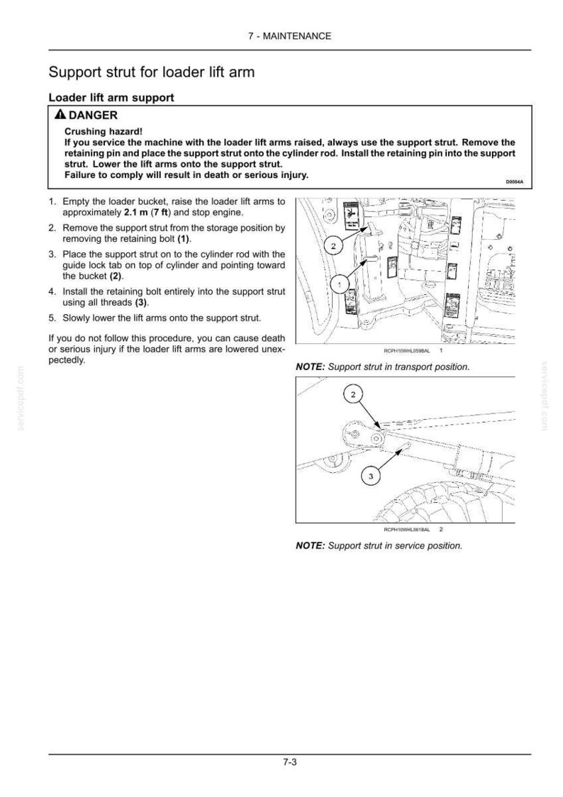 May include: Diagram illustrating the support strut for a loader lift arm, with safety instructions and diagrams. The image details the installation steps and shows the strut in transport and service positions. The text warns of crushing hazards.