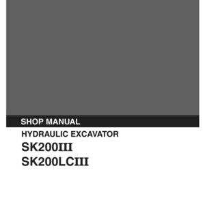 May include: A gray shop manual for a Kobelco hydraulic excavator. The cover features the text KOBELCO, SHOP MANUAL, HYDRAULIC EXCAVATOR, SK200III, SK200LCIII, and the applicable serial numbers YQU0401- and YNU0001-, with code S5YQU0003E-04 07/03.