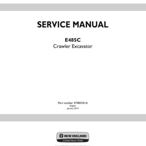 Op de afbeelding: Een witte servicehandleidingomslag met de tekst "SERVICE MANUAL" in vette zwarte letters. Hieronder staat "E485C Crawler Excavator". De onderkant van de omslag bevat het onderdeelnummer, de datum en het logo van New Holland Construction.