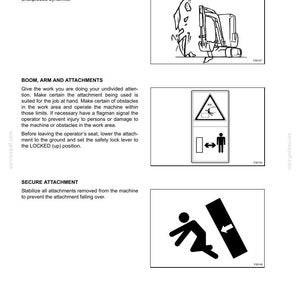 May include: Page from a manual with safety instructions. Includes illustrations of a construction vehicle, a warning sign with a person and a falling object, and a person falling down a ramp. Text includes safety warnings.