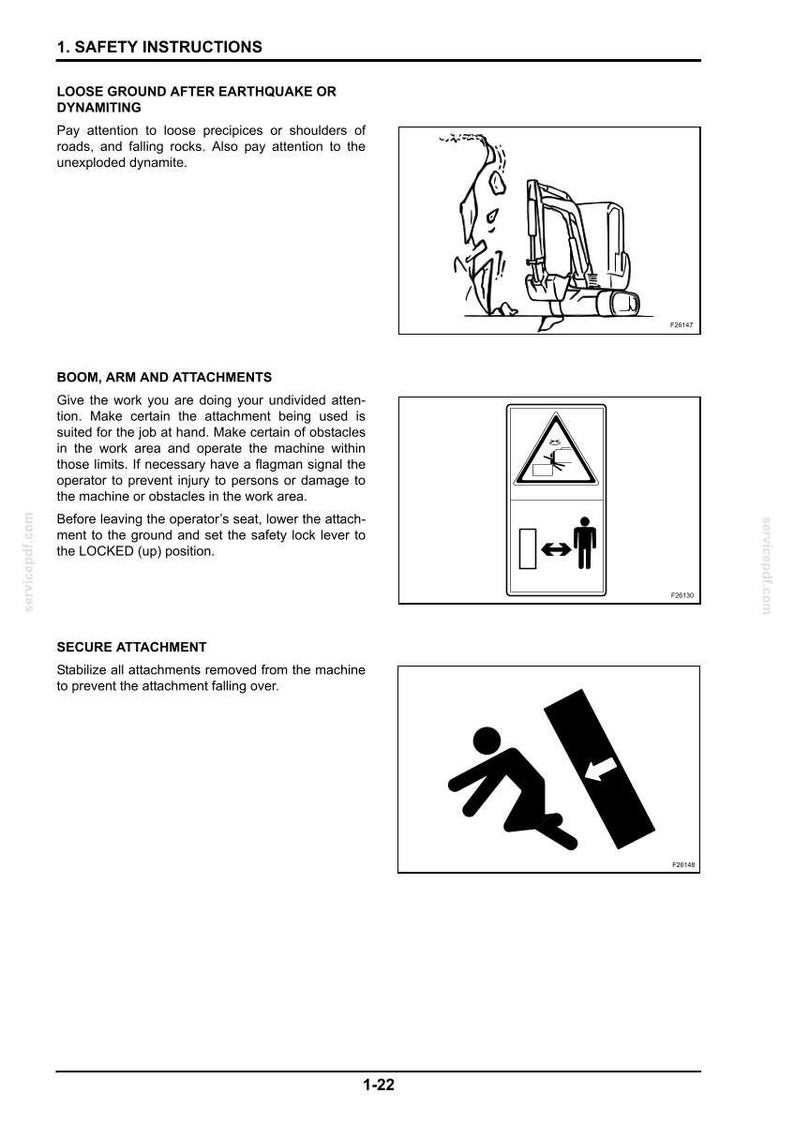 May include: Page from a manual with safety instructions. Includes illustrations of a construction vehicle, a warning sign with a person and a falling object, and a person falling down a ramp. Text includes safety warnings.