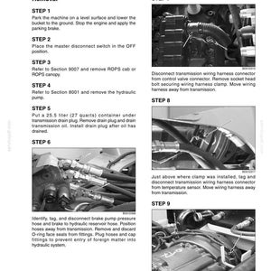 May include: A detailed diagram with instructions for transmission removal, including steps for disconnecting wiring harnesses, hoses, and removing the hydraulic pump. The image includes text and diagrams for each step.