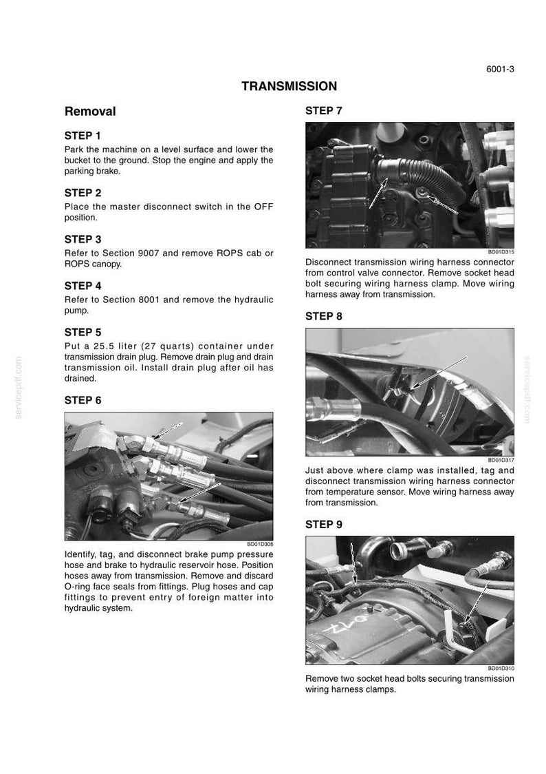 May include: A detailed diagram with instructions for transmission removal, including steps for disconnecting wiring harnesses, hoses, and removing the hydraulic pump. The image includes text and diagrams for each step.