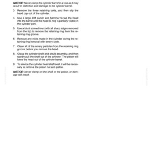 May include: A page from a manual detailing the disassembly of a load rack cylinder. The text includes numbered steps, warnings, and instructions for hydraulic system maintenance. The document is a technical guide.