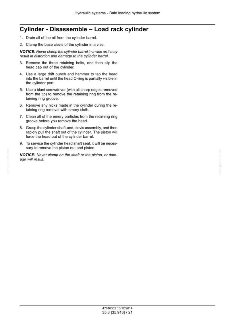 May include: A page from a manual detailing the disassembly of a load rack cylinder. The text includes numbered steps, warnings, and instructions for hydraulic system maintenance. The document is a technical guide.