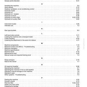 May include: A detailed page from a manual, featuring a table of contents with various machine-related topics. The text is black on a white background, with section headings and page numbers.
