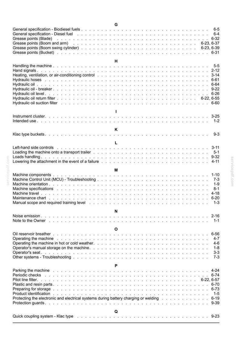 May include: A detailed page from a manual, featuring a table of contents with various machine-related topics. The text is black on a white background, with section headings and page numbers.