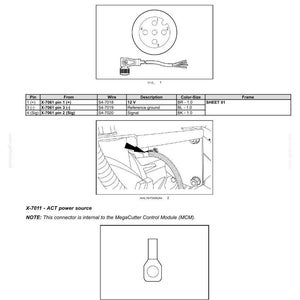 Puede incluir: Diagrama de conectores de cable, diagrama de componentes 01, para X-7010 a X-7019. Incluye un diagrama del sensor de velocidad de toma de fuerza (PTO) X-7010 (S4) y la fuente de alimentaci&oacute;n ACT X-7011. El diagrama incluye informaci&oacute;n de pin, cable y color.
