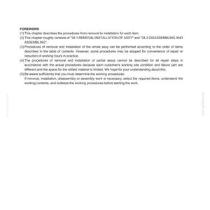May include: A page from a manual titled "34. TRAVEL SYSTEM." The text includes "FOREWORD" and details procedures for removal, installation, and disassembly. The page also contains the text "34.1 REMOVAL/INSTALLATION OF ASSY" and "34.2 DISASSEMBLING AND ASSEMBLING."