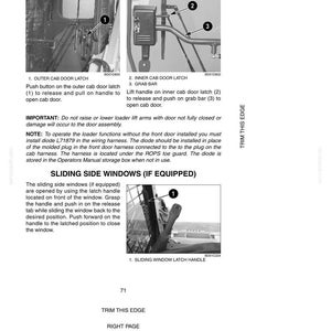 May include: Diagram of cab door latches and sliding side windows with labels and instructions. Includes images of the outer and inner cab door latches, grab bar, and sliding window latch handle. Text includes instructions for operation and safety notes.