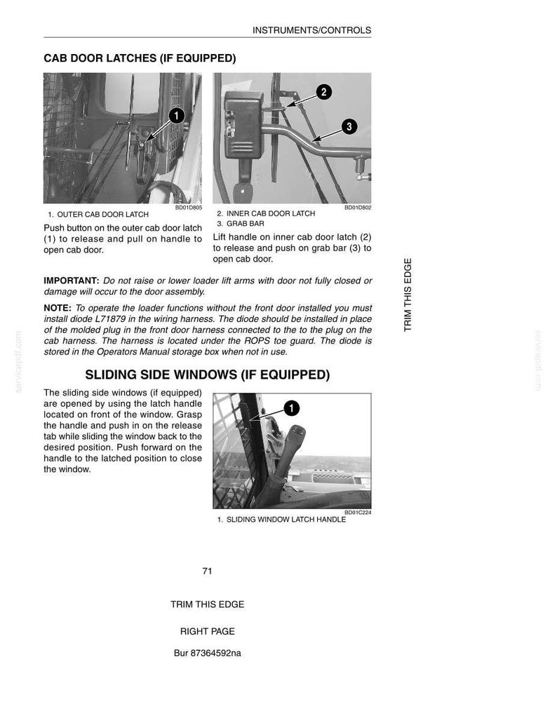 May include: Diagram of cab door latches and sliding side windows with labels and instructions. Includes images of the outer and inner cab door latches, grab bar, and sliding window latch handle. Text includes instructions for operation and safety notes.