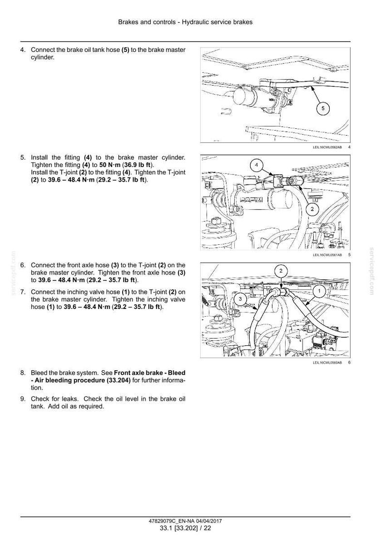 May include: Diagram of hydraulic service brake components, including hoses, fittings, and a T-joint, with numbered labels for each part. Instructions detail connecting and tightening these parts, with torque specifications in lb ft.