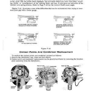 May include: Diagrams and text explaining contact point gap measurement and condenser replacement. Includes illustrations of misaligned contact points, unevenly worn points, and properly aligned points. Also shows Auto-Lite, Wico, and Prestolite distributor diagrams.