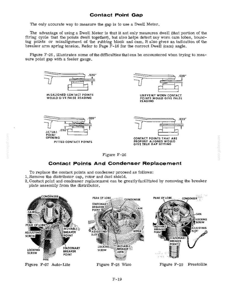 May include: Diagrams and text explaining contact point gap measurement and condenser replacement. Includes illustrations of misaligned contact points, unevenly worn points, and properly aligned points. Also shows Auto-Lite, Wico, and Prestolite distributor diagrams.
