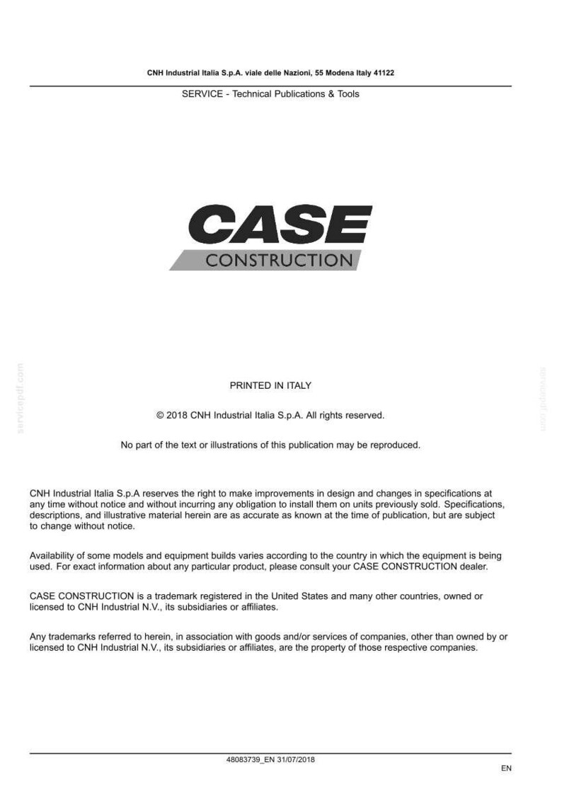 May include: A white document with the words "CASE CONSTRUCTION" in bold black letters. The document also includes the text "PRINTED IN ITALY" and copyright information for CNH Industrial Italia S.p.A.