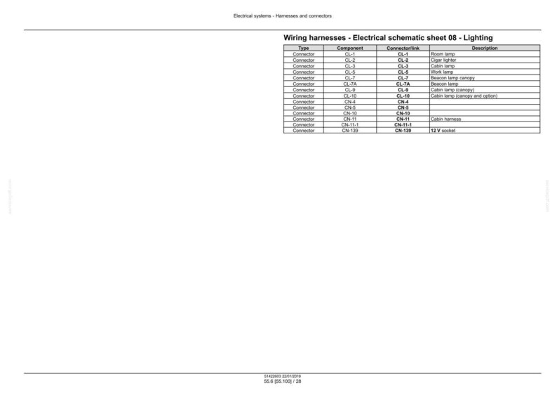 May include: A white schematic sheet titled "Wiring harnesses - Electrical schematic sheet 08 - Lighting." The sheet lists connectors, components, connections, and descriptions for various lighting components, including room lamps and cabin harnesses.
