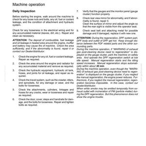 Puede incluir: Un documento en blanco y negro titulado 4 - OPERATING INSTRUCTIONS, que detalla el funcionamiento de la m&aacute;quina y los procedimientos de inspecci&oacute;n diaria. Incluye listas numeradas para revisar el motor, el sistema hidr&aacute;ulico y advertencias de seguridad.