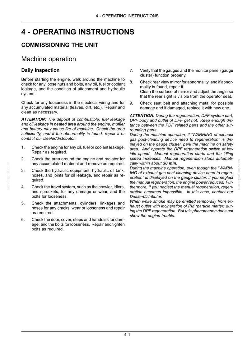 Puede incluir: Un documento en blanco y negro titulado 4 - OPERATING INSTRUCTIONS, que detalla el funcionamiento de la m&aacute;quina y los procedimientos de inspecci&oacute;n diaria. Incluye listas numeradas para revisar el motor, el sistema hidr&aacute;ulico y advertencias de seguridad.