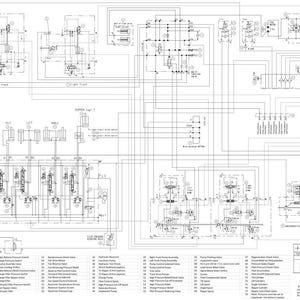 May include: A detailed black and white hydraulic schematic diagram with numerous interconnected components, lines, and labels. The diagram includes text and symbols, illustrating the internal workings of a system. The schematic is labeled "Hydraulic Schematic 200M Series Tier 2".