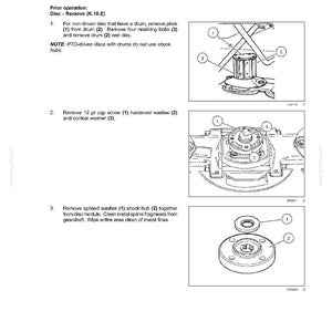 May include: Diagram illustrating the process of removing a shock hub from a disc. The image includes numbered components such as bolts, washers, and a cap screw, with accompanying text detailing the steps. The text includes the title "Disc - Remove - Shock Hub".