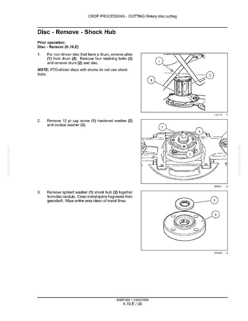 May include: Diagram illustrating the process of removing a shock hub from a disc. The image includes numbered components such as bolts, washers, and a cap screw, with accompanying text detailing the steps. The text includes the title "Disc - Remove - Shock Hub".