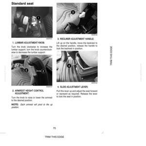 May include: Diagram of an operator's seat with labeled controls. Includes a lumbar adjustment knob, armrest height control, recline adjustment handle, and slide adjustment lever. Text reads "Instruments and Controls" and "Operators Seat".