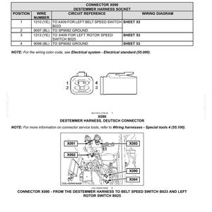 May include: Diagram of wiring harnesses with component details, including connector X090 and a Deutsch connector. The diagram includes a table with wire numbers, circuit references, and wiring diagrams. Text includes "Electrical systems - Harnesses and connectors".