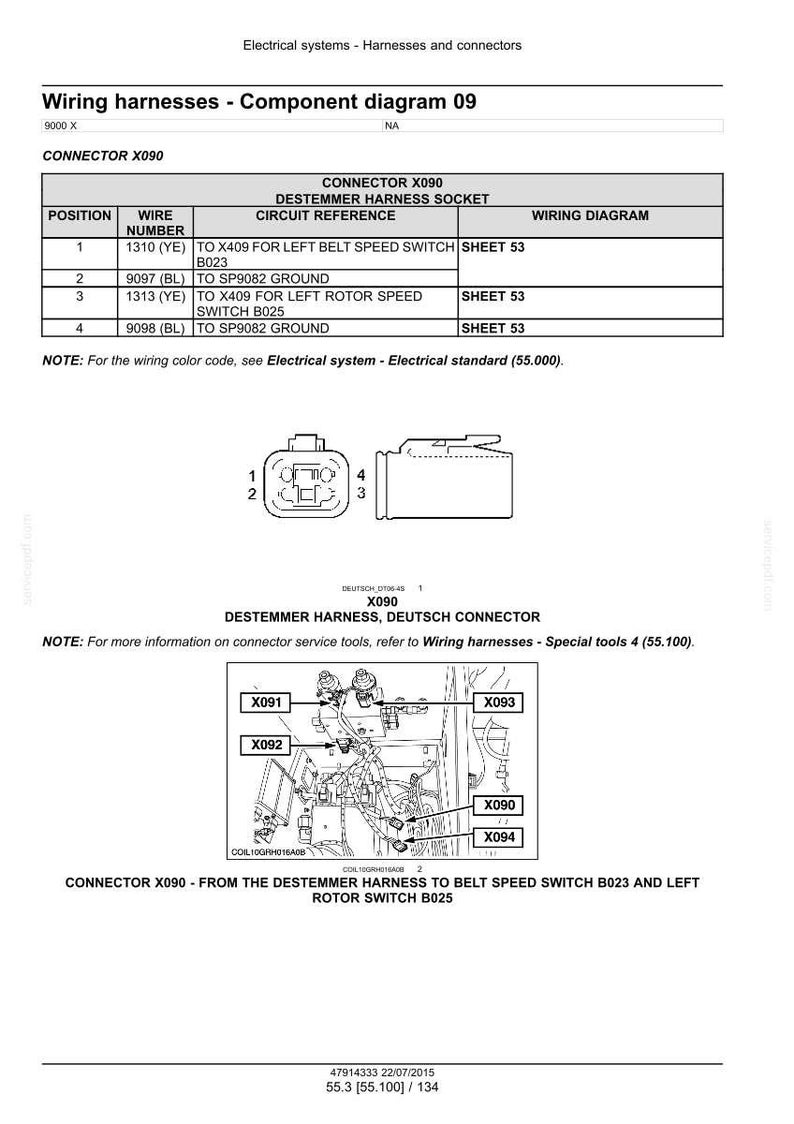 May include: Diagram of wiring harnesses with component details, including connector X090 and a Deutsch connector. The diagram includes a table with wire numbers, circuit references, and wiring diagrams. Text includes "Electrical systems - Harnesses and connectors".