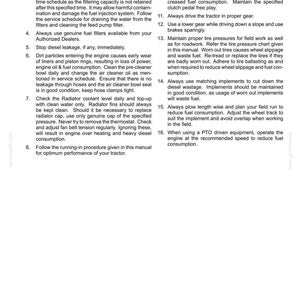 Puede incluir: Una p&aacute;gina blanca titulada 7-MAINTENANCE que contiene una lista numerada de diecis&eacute;is instrucciones t&eacute;cnicas para el mantenimiento de tractores. El texto detalla procedimientos para sistemas de combustible, motor, presi&oacute;n de neum&aacute;ticos y eficiencia.