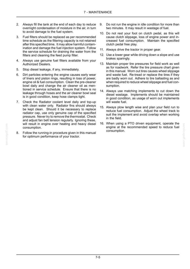 Puede incluir: Una p&aacute;gina blanca titulada 7-MAINTENANCE que contiene una lista numerada de diecis&eacute;is instrucciones t&eacute;cnicas para el mantenimiento de tractores. El texto detalla procedimientos para sistemas de combustible, motor, presi&oacute;n de neum&aacute;ticos y eficiencia.
