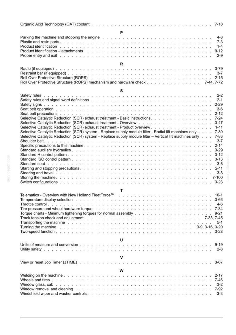 May include: A black and white index page from a technical manual, listing topics from Organic Acid Technology coolant to Windshield wiper and washer controls, organized alphabetically with corresponding page numbers on the right side.