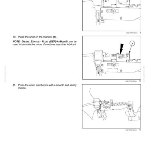 K&ouml;nnte beinhalten: Diagramm aus einem Handbuch, das Schritte zur Abgasbehandlung zeigt. Anweisungen umfassen das Installieren einer Klemme, das Einsetzen eines Verbindungsst&uuml;cks in einen Dorn und das Einpressen des Verbindungsst&uuml;cks in eine Leitung. Text: "DIESEL EXHAUST FLUID (DEF)/AdBlue&reg;" und "Engine - Selective Catalytic Reduction (SCR) exhaust treatment."