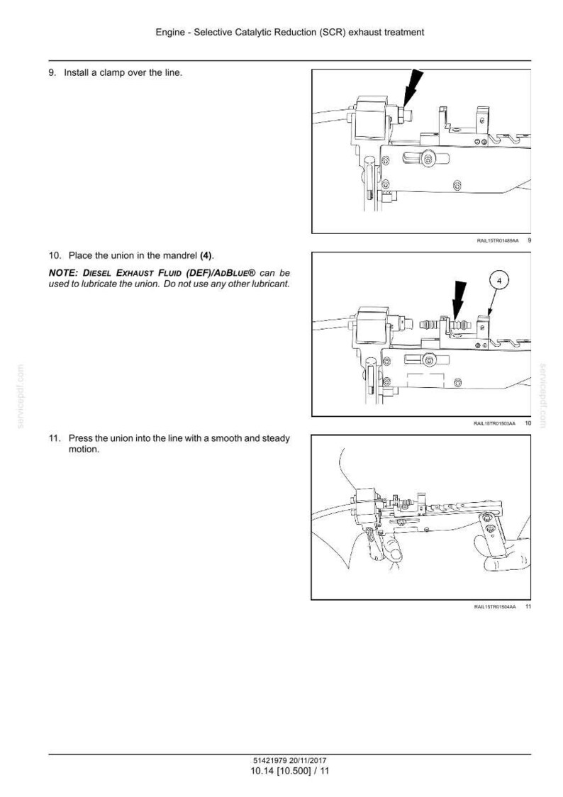 K&ouml;nnte beinhalten: Diagramm aus einem Handbuch, das Schritte zur Abgasbehandlung zeigt. Anweisungen umfassen das Installieren einer Klemme, das Einsetzen eines Verbindungsst&uuml;cks in einen Dorn und das Einpressen des Verbindungsst&uuml;cks in eine Leitung. Text: "DIESEL EXHAUST FLUID (DEF)/AdBlue&reg;" und "Engine - Selective Catalytic Reduction (SCR) exhaust treatment."