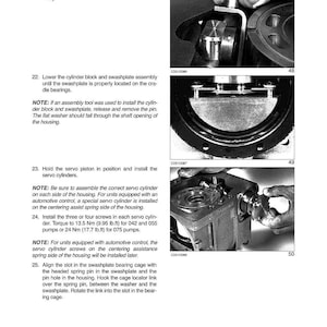 Op de afbeelding: Een zwart-wit pagina uit een technisch handboek met diagrammen en instructies voor een hydraulisch systeem. De pagina bevat tekst, diagrammen en onderdeelnummers. Het handboek is voor een hydraulisch systeem.
