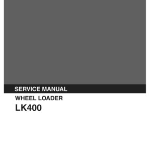 May include: A gray and white service manual for a Kobelco LK400 wheel loader. The cover features the brand name Kobelco at the top, with the text Service Manual, Wheel Loader, and LK400 below. The bottom includes text: Applicable: LK400 RA-1003- S5RA0001E-03 10/88.