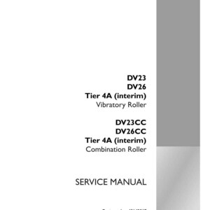 Op de afbeelding: Een witte servicemanual met de tekst "DV23, DV26, Tier 4A (interim) Vibratory Roller, DV23CC, DV26CC, Tier 4A (interim) Combination Roller, SERVICE MANUAL". Het Case Construction-logo staat rechtsonder.