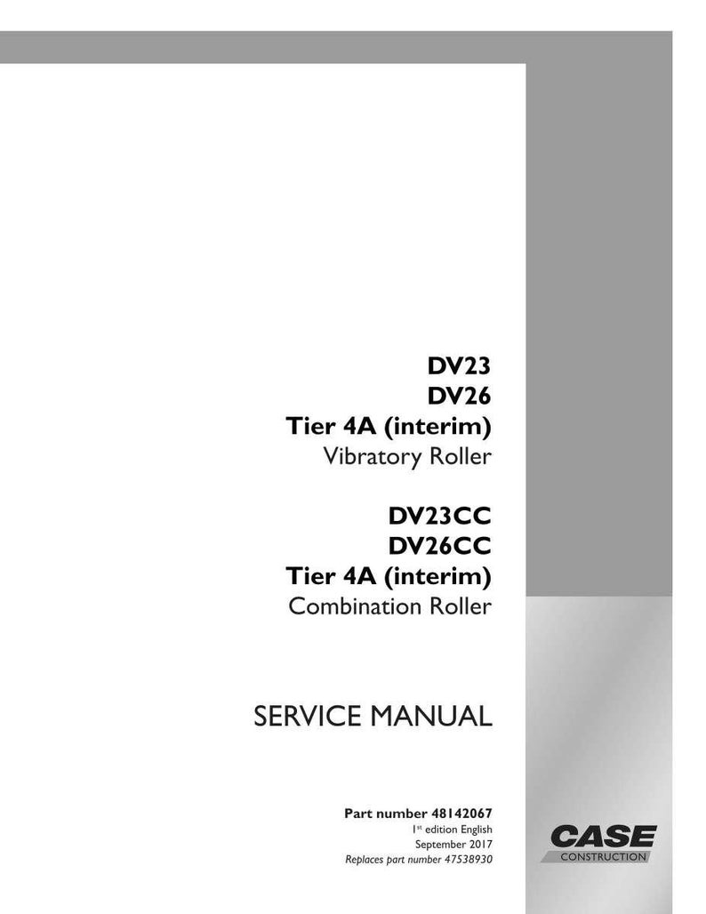 Op de afbeelding: Een witte servicemanual met de tekst "DV23, DV26, Tier 4A (interim) Vibratory Roller, DV23CC, DV26CC, Tier 4A (interim) Combination Roller, SERVICE MANUAL". Het Case Construction-logo staat rechtsonder.