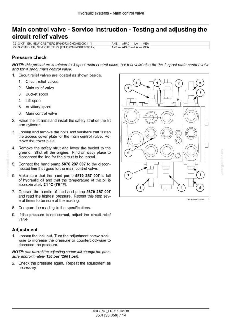 May include: Diagram of a main control valve with numbered components and instructions for testing and adjusting circuit relief valves. Includes temperature in Fahrenheit and pressure in psi.