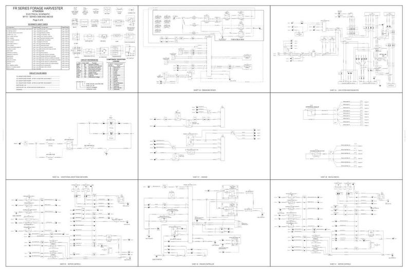 May include: A technical diagram of a FR Series Forage Harvester, showing electrical schematics and wiring diagrams. The image is a grid of diagrams with text and symbols, all in black and white.