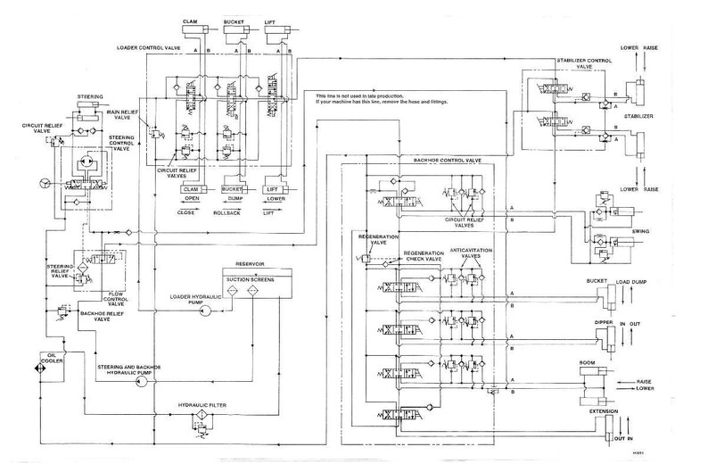 May include: A detailed black and white schematic diagram of a hydraulic system, featuring various valves, pumps, and control elements. The diagram includes labels such as "Loader Control Valve," "Reservoir," and "Hydraulic Filter," illustrating the system's components and their connections.